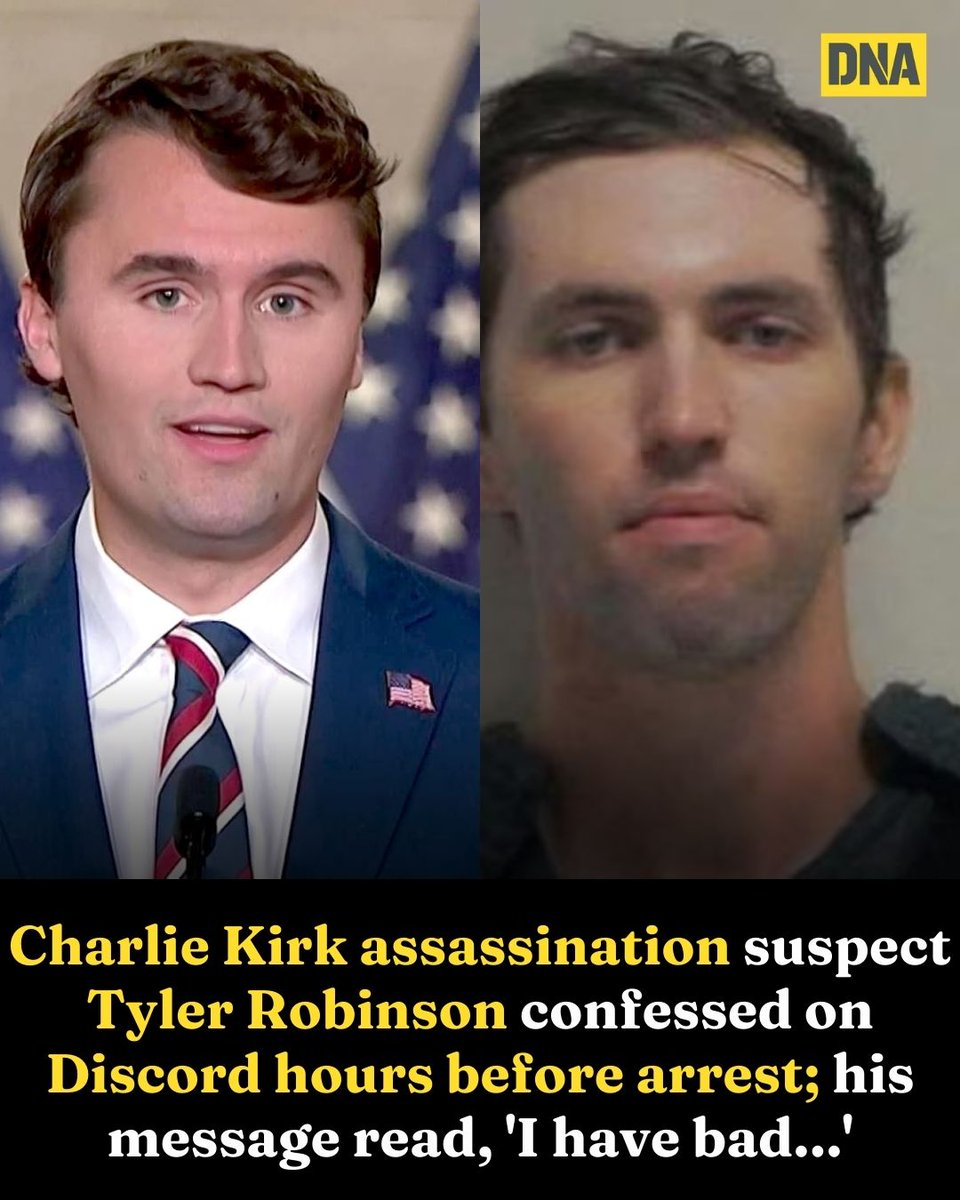 dna's tweet image. Tyler Robinson, the alleged killer of conservative activist Charlie Kirk, confessed his crimes to friends in a private Discord chat just hours before his arrest, according to the Washington Post. 

Read Here :dnaindia.com/world/report-c…

#CharlieKirkAssassination #TylerRobinson