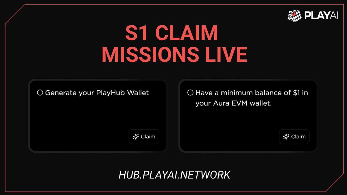 <a href="/playAInetwork/">Play AI 🎲</a> S1 Claim Missions Update

✅Go to :
hub.playai.network/missions

Login to your Account, Create your Play Ai Wallet, Fund your Wallet with $1+ in Base ETH and Claim task.