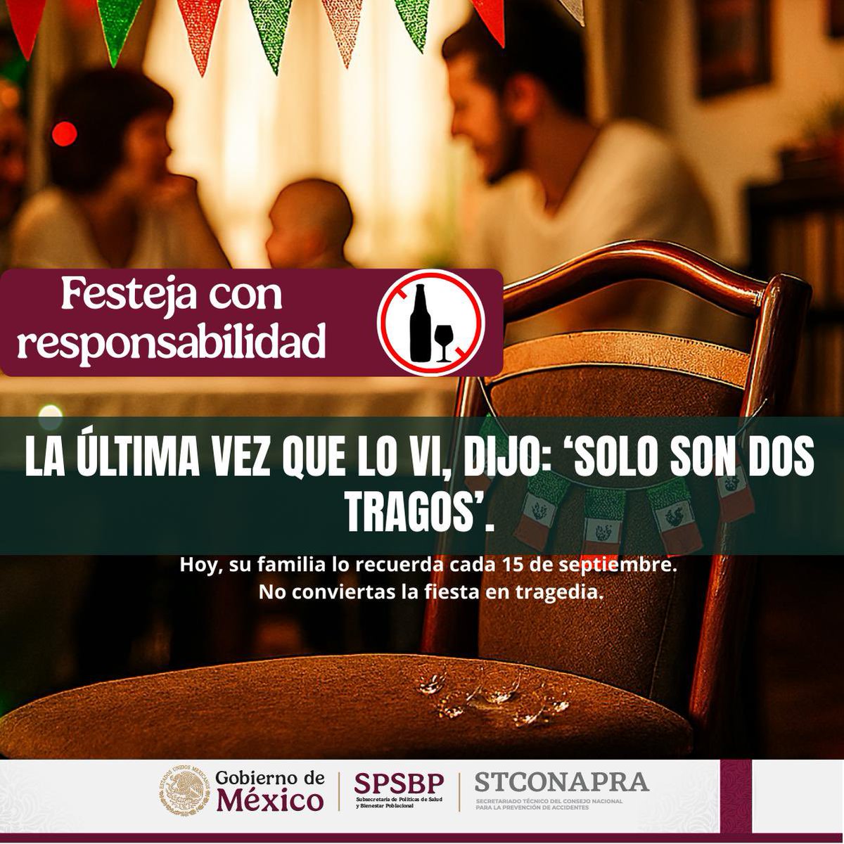 🚘 El alcohol y el volante no celebran contigo. 
Este 15 de septiembre, brinda con responsabilidad. 
Tu vida vale más que cualquier copa.

 #SPSBP #coepra #crum #quemaduras #caidas #intoxicaciones  #ahogamientos #velocidad #accidentes #siniestrosviales #motos