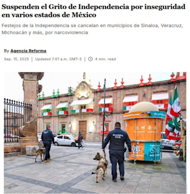 🚨Por razones de inseguridad!

Este 15 de septiembre, los estados donde sus municipios no celebrarán las fiestas patrias:

- Sinaloa
- Michoacán
- Oaxaca
- Estado de México 
-  CDMX

Qué tienen en común? Sus estados son gobernados por Morena