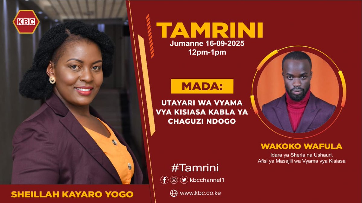 Join <a href="/ORPPKenya/">ORPPKenya</a> Head of Legal Services Wakoko Wafula, who will be live on @KBC's Tamrini Show today Tuesday, 16th September 2025 from 12pm to 1pm.

 Topic "Utayari wa Vyama vya Kisiasa Kabla ya Chaguzi Ndogo" (Preparedness of Political Parties Ahead of By-Elections)

Tune in to