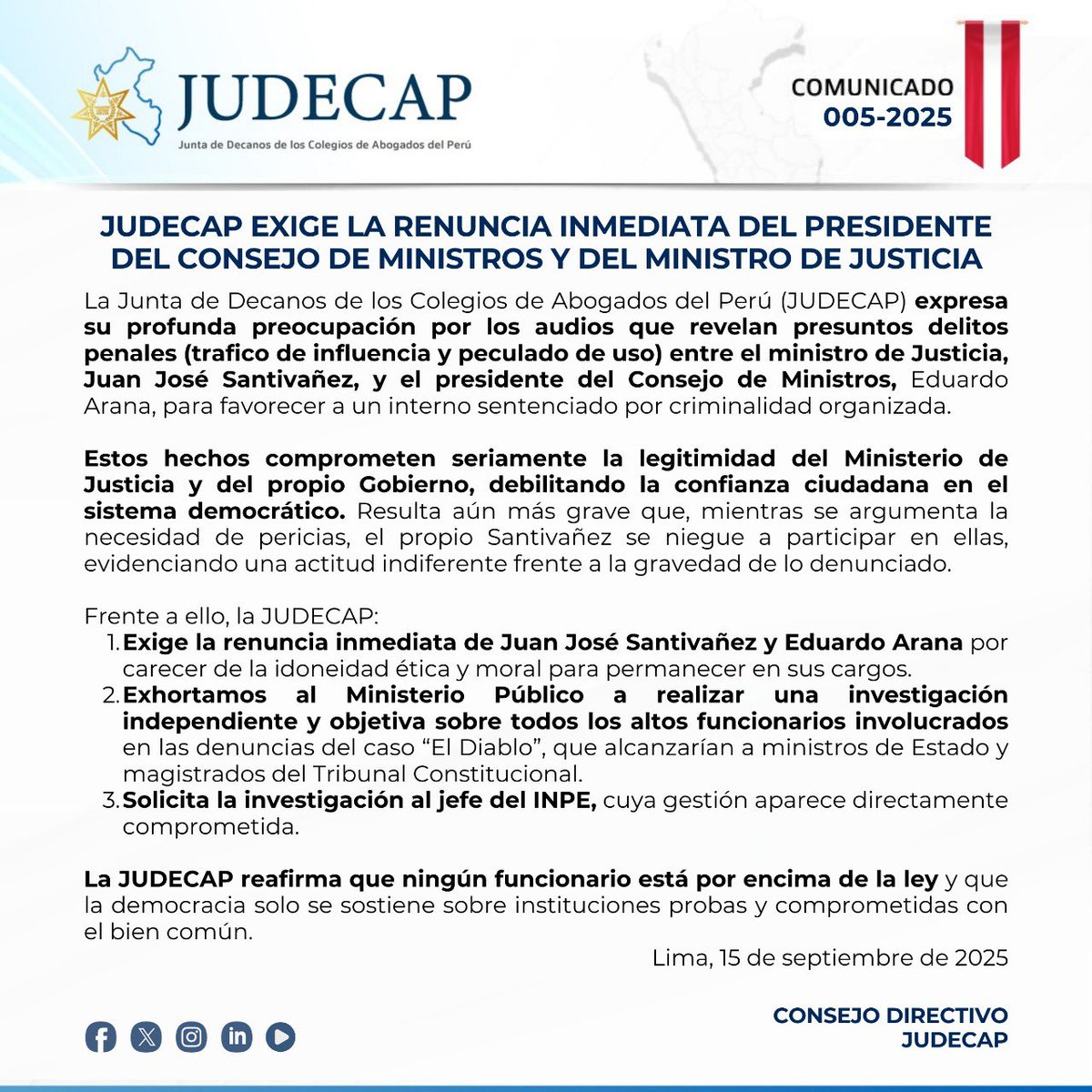 JUDECAP_OFICIAL's tweet image. 📢 #COMUNICADO | JUDECAP EXIGE LA RENUNCIA INMEDIATA DEL PRESIDENTE DEL CONSEJO DE MINISTROS Y DEL MINISTRO DE JUSTICIA