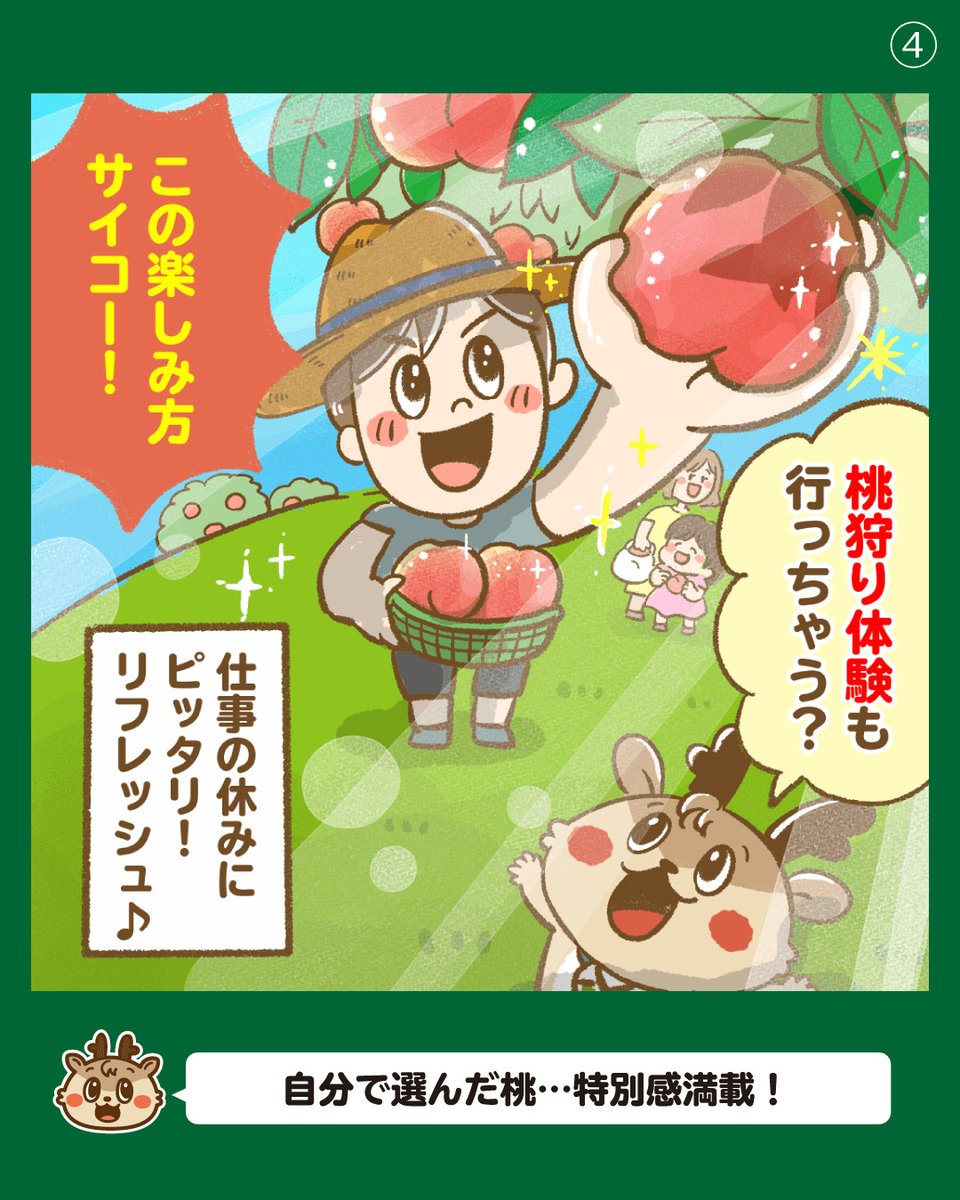87tetu's tweet photo. 鹿角は今、まさに桃パラダイス♪
あかつき、川中島白桃、玉うさぎ、さくら…
リレーのように品種が次々登場して、
9月下旬ころまでた～っぷり楽しめますよ！

#柳澤鉄工所
#かづのん
#鹿角市
#教えてかづのん
#桃パラダイス
#道の駅かづの
#あんとらあ
#鹿角ライフ
#4コマ漫画 https://t.co/ZVEm8So4bv
