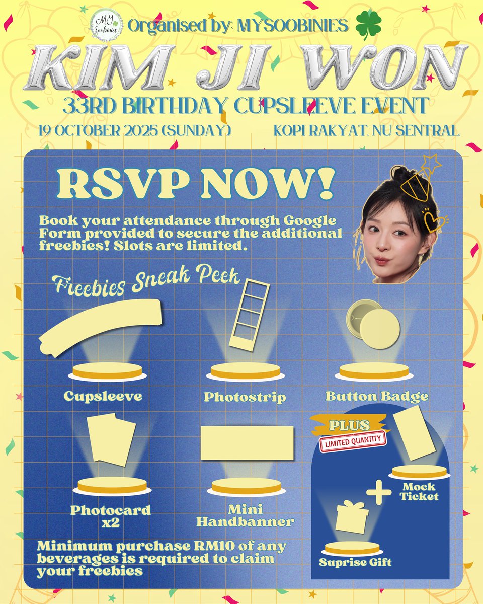 Soobinies_My's tweet photo. Hi all, 

MY Soobinies is organising a Birthday Cupsleeve Event for #KimJiWon this October. 🎊🎉

Mark your calendar 🗓️ for this special event.

Date: October 19th, 2025 (Sunday) 
Venue: Kopi Rakyat, Nu Sentral, Kuala Lumpur.

#KimJiWon #HappyJiwonDay #Chapter33 #김지원 https://t.co/dPtLo9UEVZ