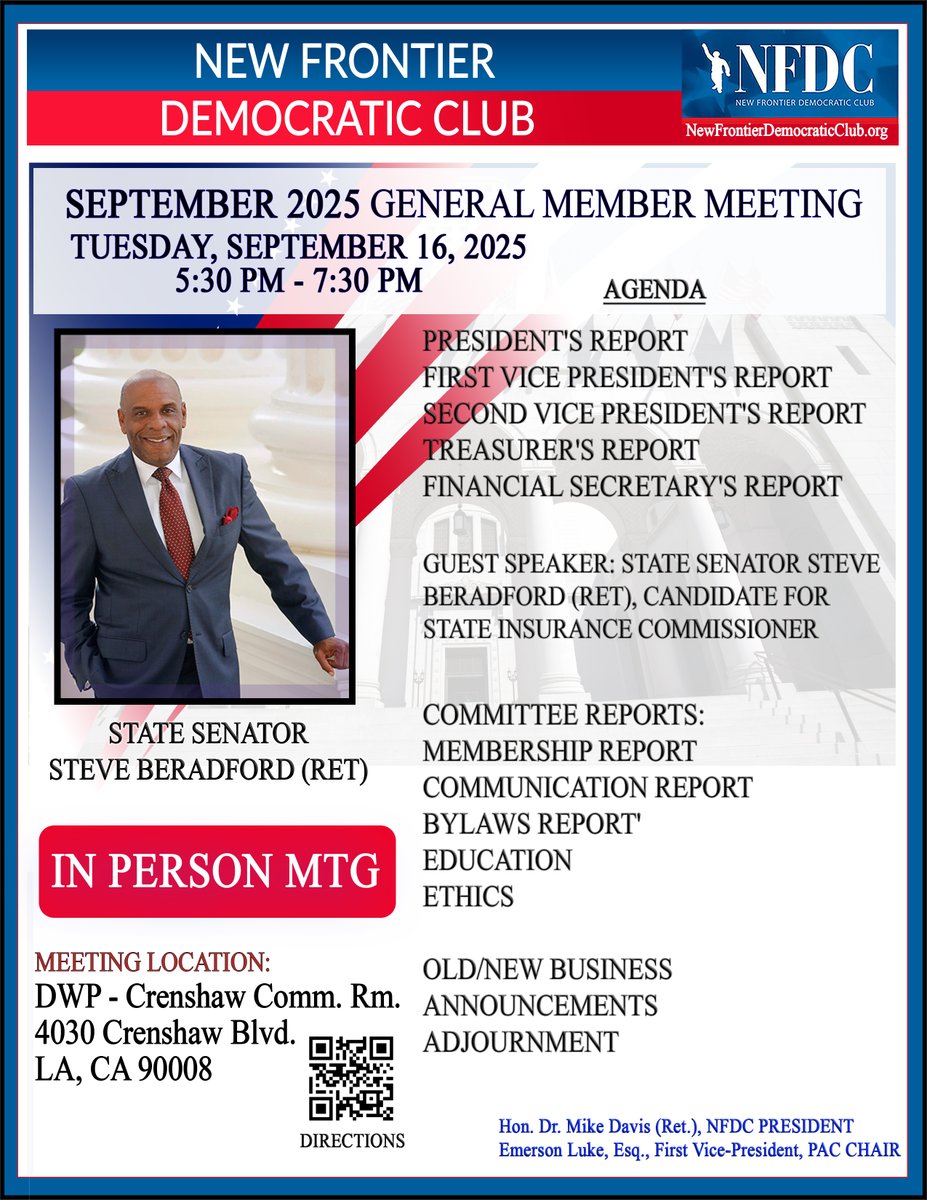 We'll see you tomorrow at this month's General Membership Mtg. w/guest speaker State Senator Steve Bradford (RET). That's tomorrow at 5:30 in person. We'll see you there.