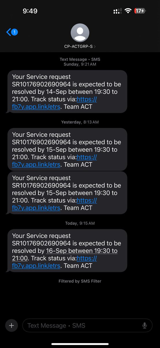 StephenCherla's tweet photo. @ACTFibernetHYD @ACTFibernet My service request has been open for 19 days now. No technician has visited, no clarity on the issue, and every day it just gets postponed. This level of delay with absolutely no resolution is unacceptable. Please address this immediately. https://t.co/4LtfrzAFDY
