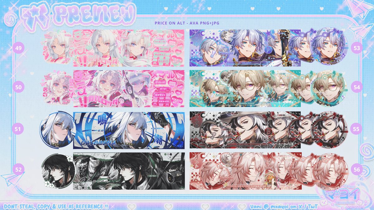 mxayoi's tweet image. Harga di alt, 1Ok - 11k/each ♡‧₊˚
Semua ava png+jpg yaa !

[no.25 - 56]