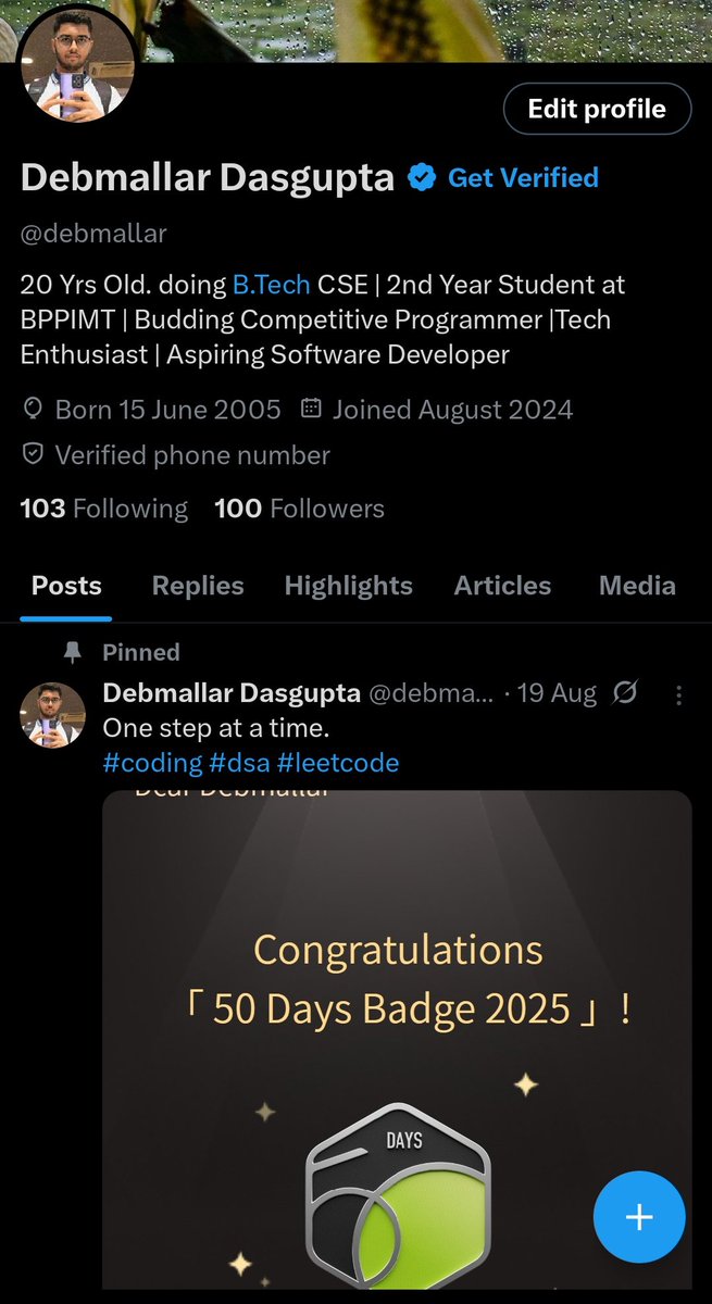 debmallar's tweet image. Thanks everyone for a century of followers. A dream fulfilled.
Let's grow together. ^-^
#blessed #Codeforces #LeetCode #CP
#codingislife