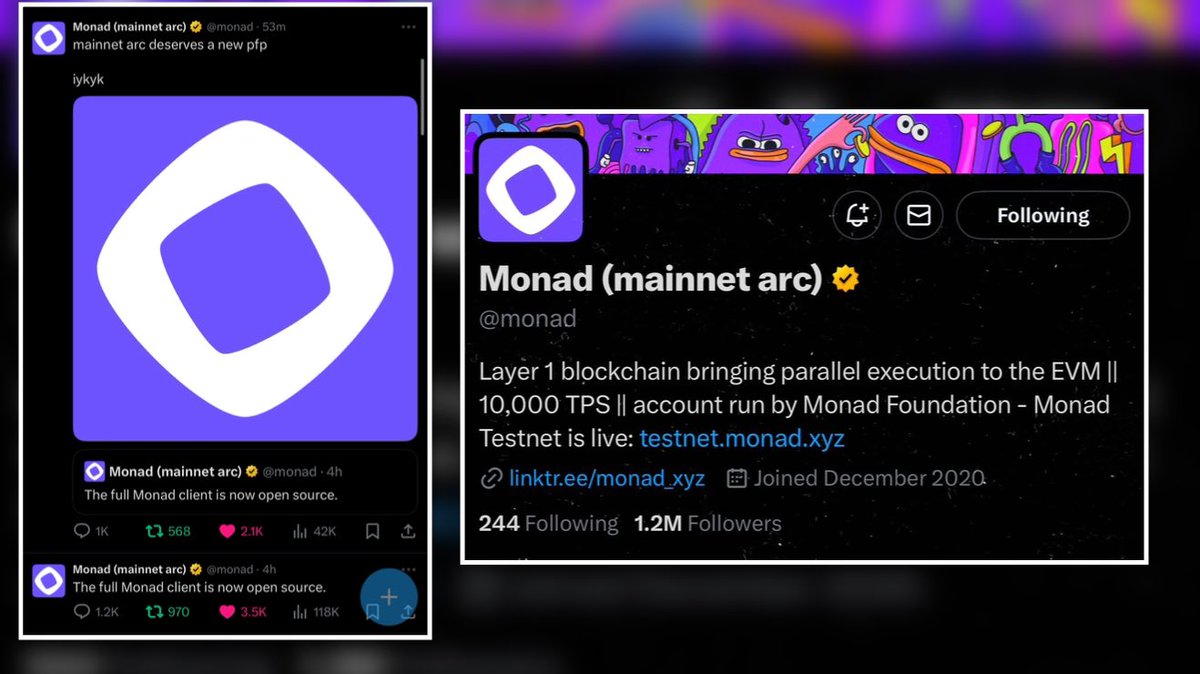 rvandeuli's tweet image. 🚨🔥 BIG SIGNALS FROM @monad 🔥🚨

They just dropped the mainnet arc in their username AND swapped the dark blue for that real purple power 🟪

You know what that means…
MAINNET IS COMING 👀⏰📆
Very. Very. VERY. Soon.

#Monad #MainnetVibes