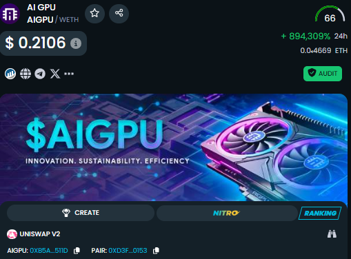 JoinAIGPU's tweet photo. $AIGPU has just been updated on Dextools!

https://t.co/ybE9ui0W2o

$AIGPU #AI #GPU #Ethereum https://t.co/Sg6Pf46guw