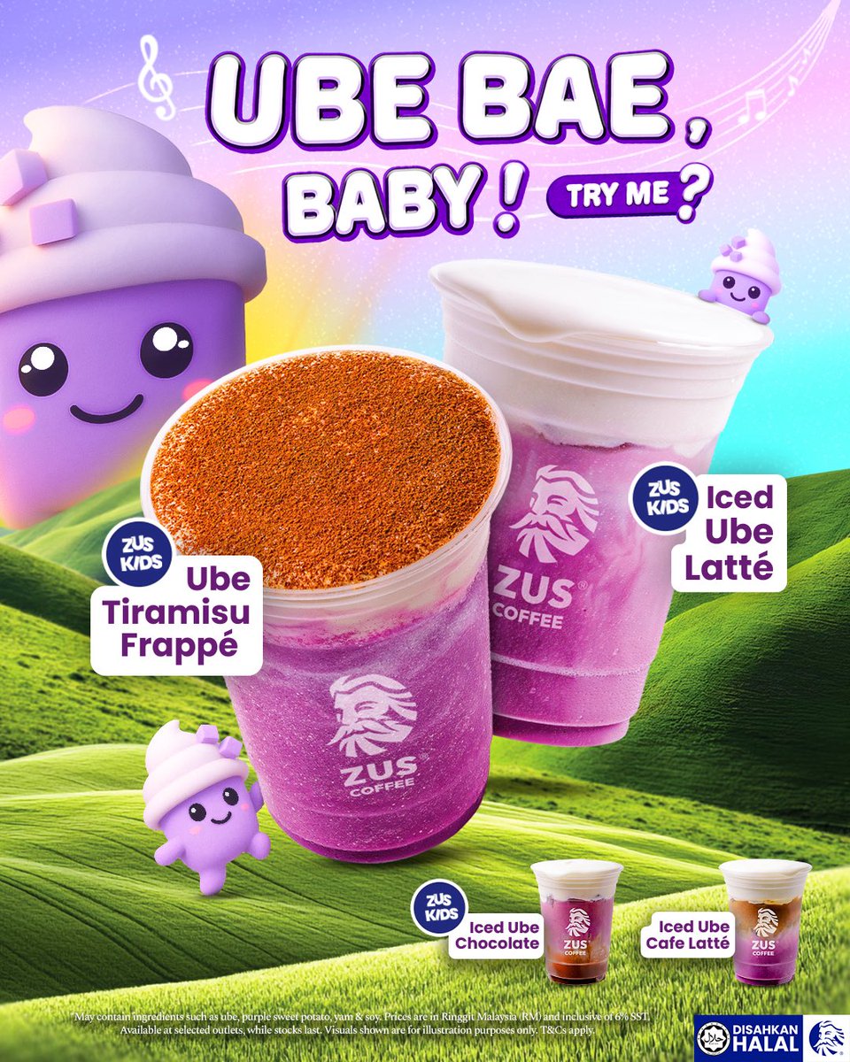 ZUSCoffee's tweet image. Ube baby baby~ It’s time to get UBE-ssessed! ✨💜

The wait is finally over, Ube Bae is bringing the 🆕 Ube Series to Malaysia! 😍 It’s creamy, velvety, and topped with Velvet Crème + kids-friendly picks for the whole fam. 😉

Here’s the lineup:
💜 Iced Ube Latté (Kids-friendly)…