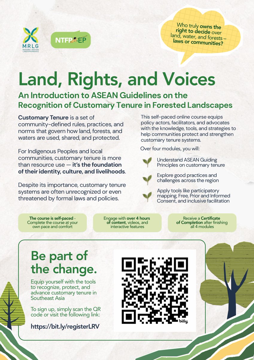 Equip yourself with the knowledge and strategies to help protect and strengthen customary tenure systems in Southeast Asia.

📌 Register now: bit.ly/registerLRV

#CustomaryTenure #LandRights #ASEAN #IndigenousPeoples
#LinkingPeoplesandForests
Habi Education Lab