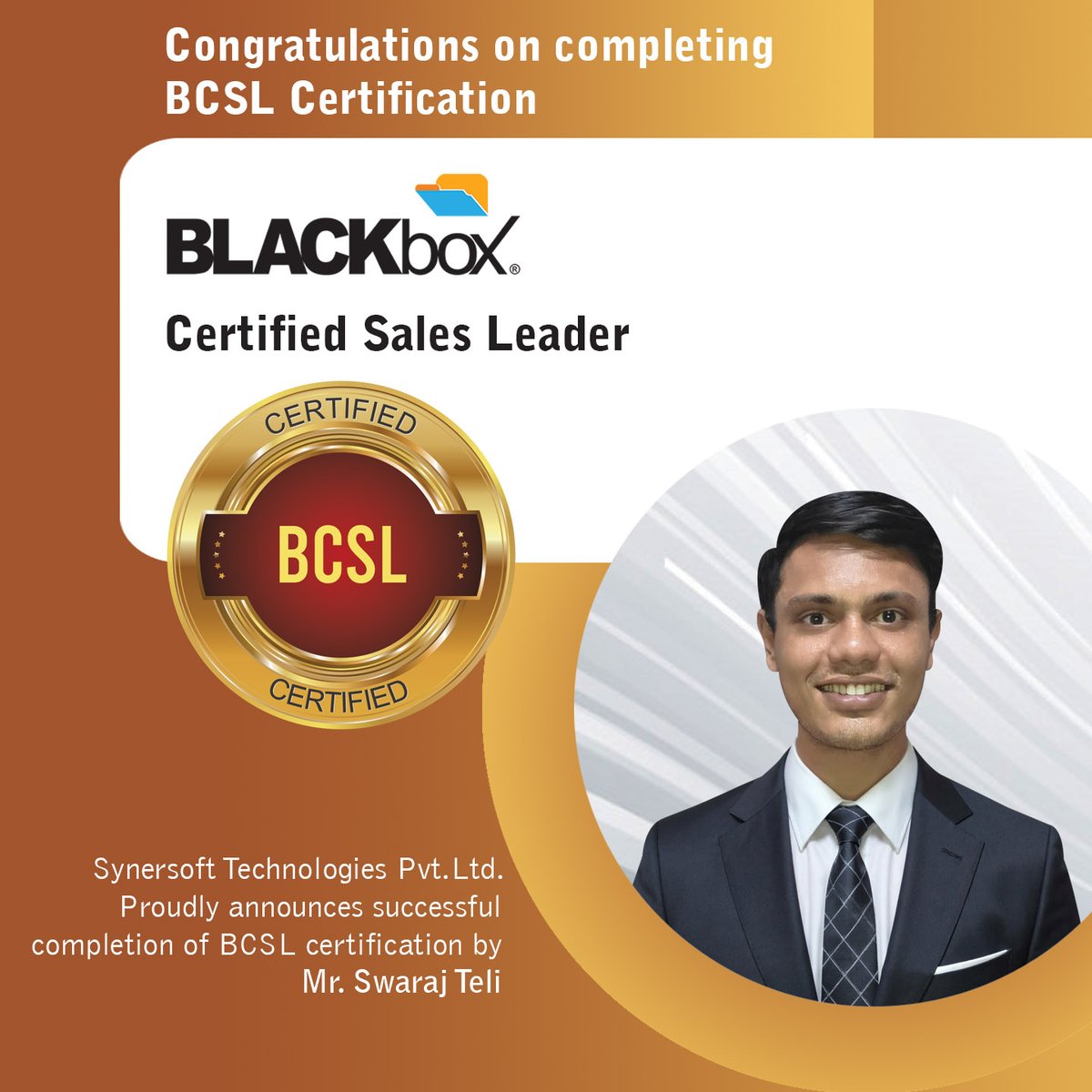 SynersoftTech's tweet image. A huge congratulations to Swaraj Teli on becoming a BLACKbox Certified Sales Leader! 🎉

This is a fantastic achievement that showcases your dedication and expertise. We&apos;re proud to have you on our team. 🚀

#Congratulations #SalesLeader #CertifiedProfessional #BLACKbox