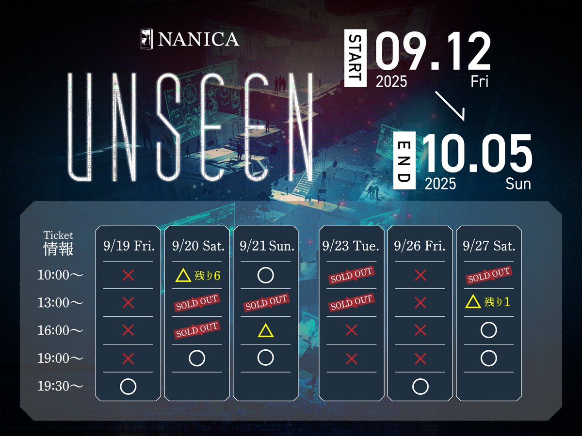 🧠『UNSEEN』⚡️
【チケット情報】
完売日続出、チケットの確保はお早めに。

🎯残りわずか
9/20(土) 10:00〜【残り6】
9/27(土) 13:00〜【残り1】

📅9/12–10/5
🎫 escape.id/takarush-org/e…

#UNSEEN謎 #ナニカ