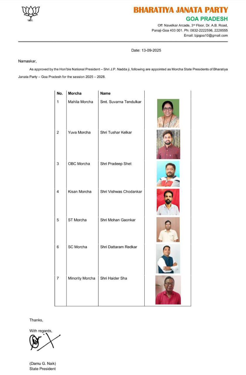 karangovenkar's tweet photo. BJP Goa President Shri @DamuNaik declared the State Morcha Presidents. 
Congratulations and best wishes to all. https://t.co/7p90nI1CzI