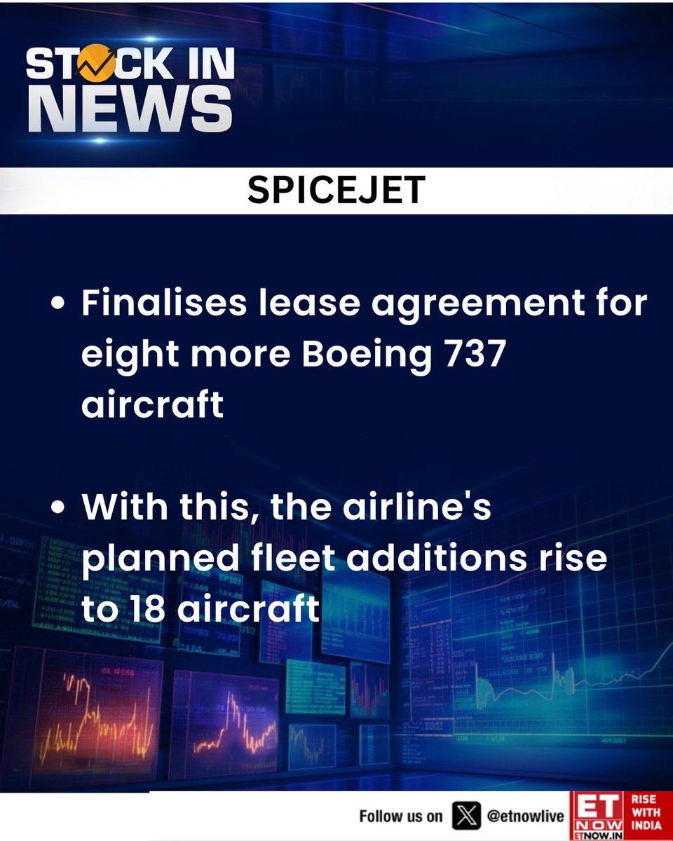 ETNOWlive's tweet image. #StockInNews | Spicejet finalises lease agreement for eight more Boeing 737 aircraft

#Aviation #Boeing737 #FleetExpansion #AirlineNews #AircraftLease #AirlineGrowth