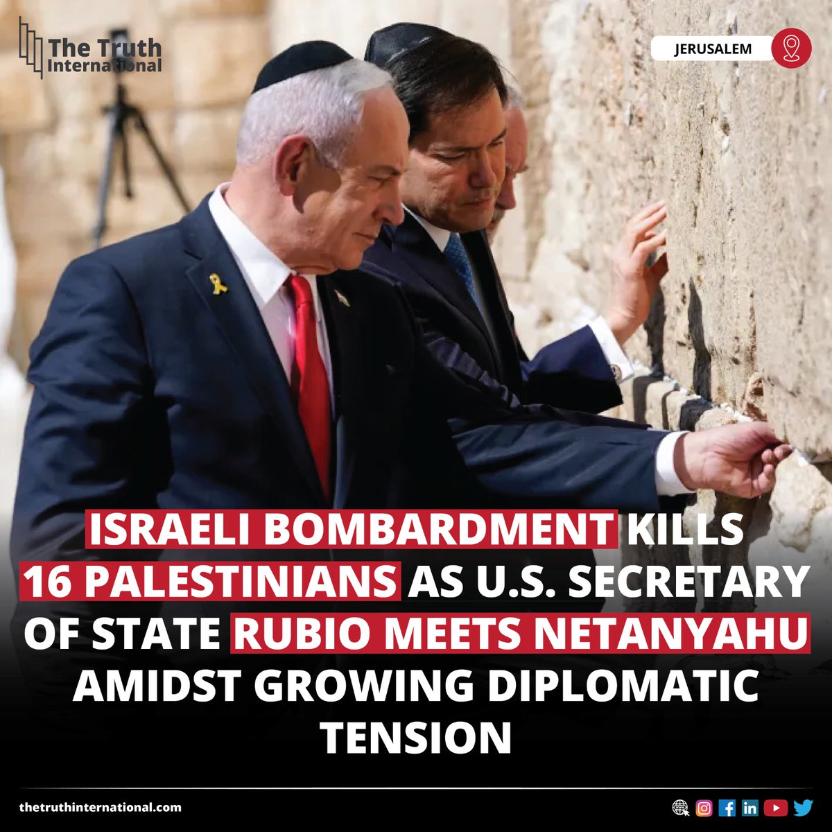 ttimagazine's tweet image. Israeli Bombardment Kills 16 Palestinians as U.S. Secretary of State Rubio Meets Netanyahu Amidst Growing Diplomatic Tension

FOR MORE DETAILS: thetruthinternational.com/israeli-bombar…

#International #Israeli #Bombardment #Palestinians #USSecretary #Rubio #Netanyahu #Diplomatic #Jerusalem #TTI