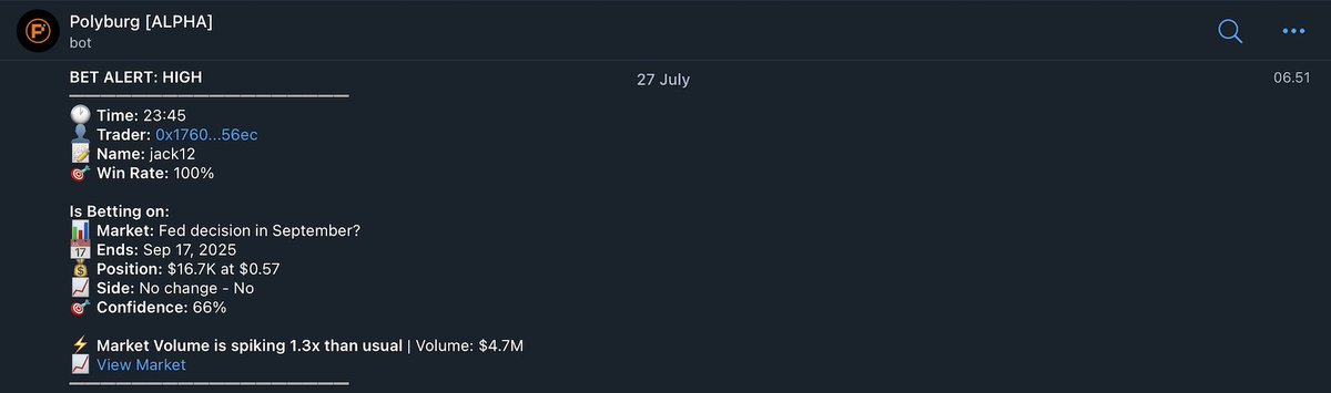 🚨 WE CALLED IT 🚨

On July 27th, we already spot a smart wallet betting on the September FOMC:
📊 Trader: 0x1760...56ec (jack12)
🎯 Win Rate: 100%
💰 Position: $16.7K at $0.57
📈 Side: NO in No Change

This is why you need to watch the smart wallet in <a href="/Polymarket/">Polymarket</a>. They were