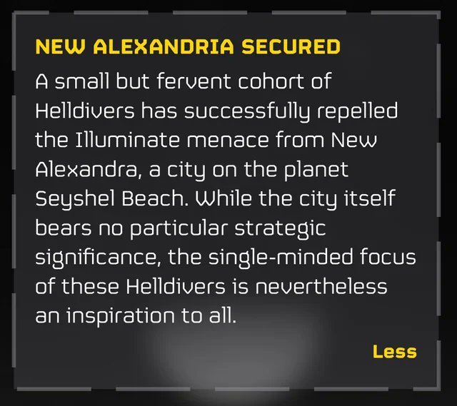 #Helldivers2 | #Helldivers 

Liberation of New Alexandria recognized in game
