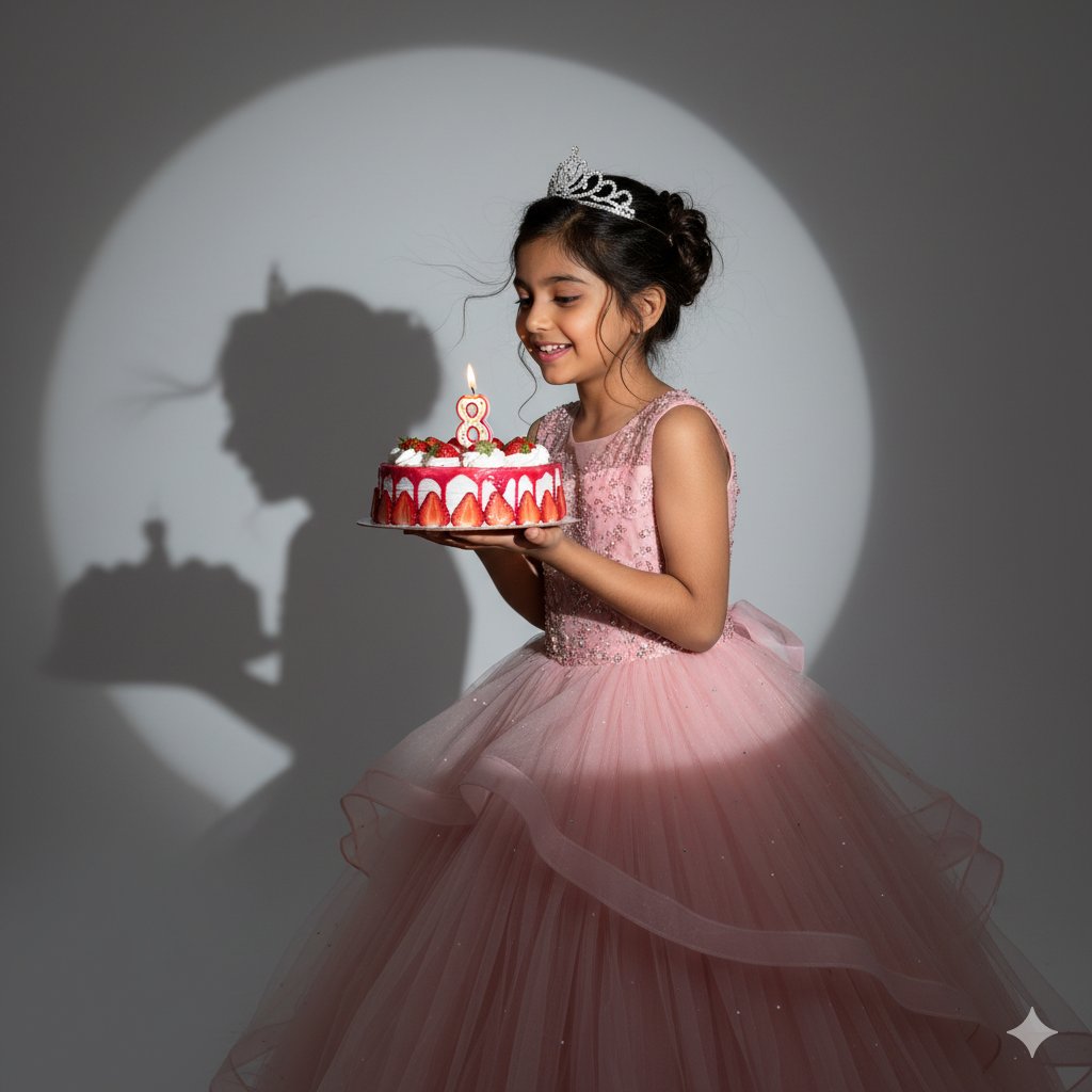esalacupnamdhu's tweet photo. Kid's birthday photoshoot prompt :

Prompt in comments, feel free to change the age or outfit as you like.. #GeminiAI

Girl :

Cinematic hyper-realistic portrait of a little Indian girl in a pink ball gown with a crown, birthday photoshoot. She holds a strawberry cake with glowing lit number 8 candle, leaning slightly forward as if blowing them out, but her head is turned toward the camera. Neutral backdrop with a round spotlight casting a dramatic shadow. Professional studio flash, UHD, ultra-detailed textures, shallow depth of field, photorealistic, subtle hair flyaways

Boy :

Cinematic hyper-realistic portrait of a little Indian boy in a stylish luxury navy blue open coat, white shirt and navy blue suit, birthday photoshoot. He holds a strawberry cake with a glowing lit number “10” candle, leaning slightly forward as if blowing it out, while his head is turned toward the camera. Neutral backdrop with a round spotlight casting a dramatic shadow. Professional studio flash, UHD, ultra-detailed textures, shallow depth of field, photorealistic