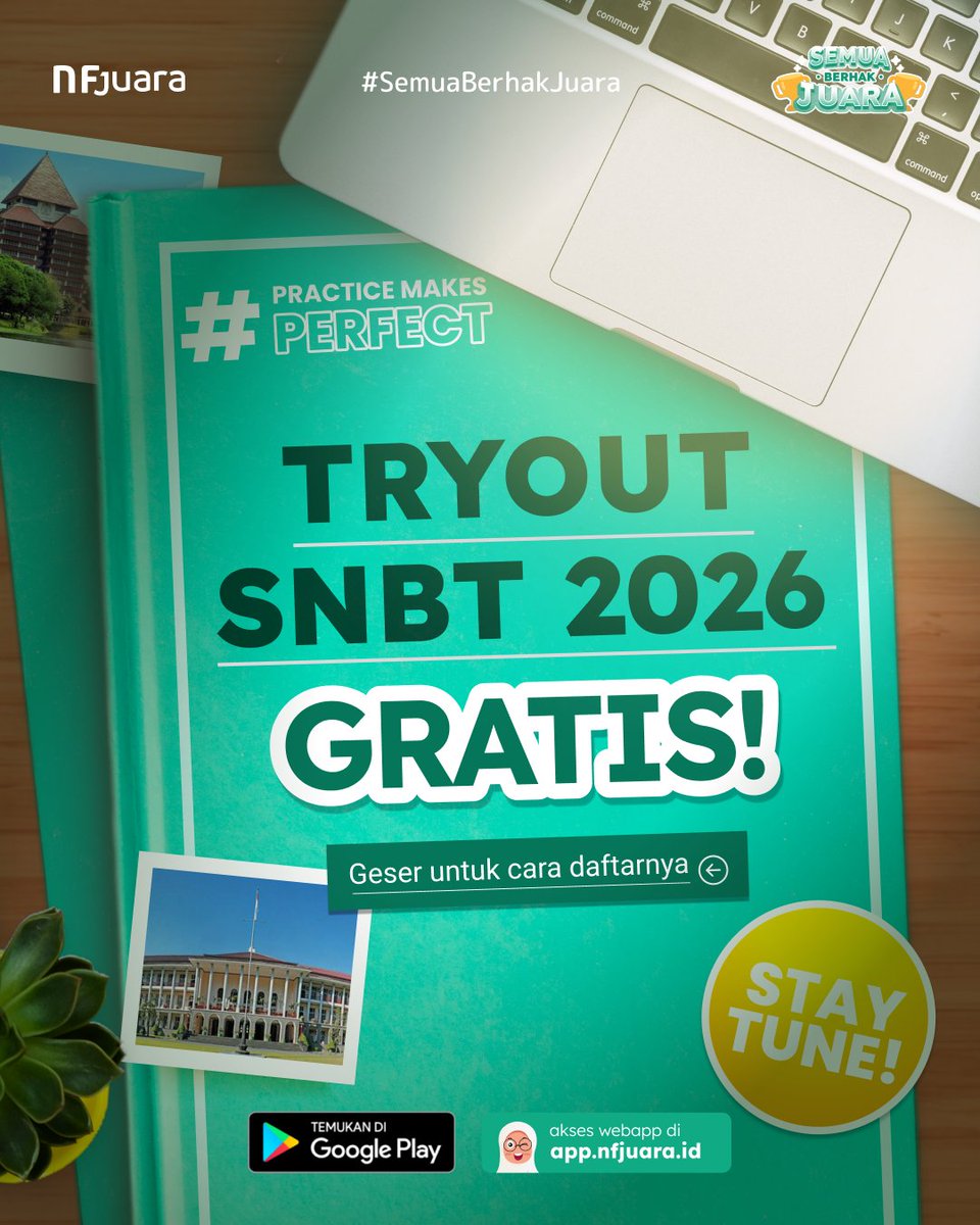 nfjuara's tweet photo. 📣 TRYOUT SNBT 2026 GRATISSSS buat kalian pelajar kelas 11, 12, dan Gapyear di seluruh Indonesia! 🔥

Benefit:  
✅Tryout 7 Subtes TERBARU + Soal isian
✅Hasil &amp; Pembahasan 
✅Ranking &amp; Prediksi kelulusan
✅ Rekomendasi PTN dan jurusan

Cek caranya di bawah yaa 👇 https://t.co/FQq2si9sca