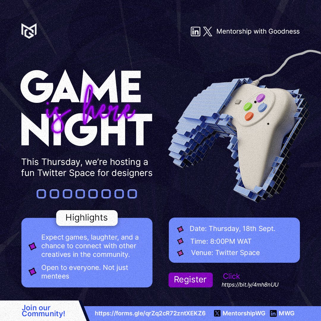 MentorshipWG's tweet photo. Game Night is here!
๐๏ธ Thurs, 18th Sept | โฐ 8PM WAT
๐๏ธ Fun Twitter Space for designers. Games, laughs & connections.
(Open to all!)
๐ Register: https://t.co/3tmn7MRlyP
๐ Follow @MentorshipWG
#MWGCommunity #GameNight #TwitterSpace https://t.co/F0SCmez7SD