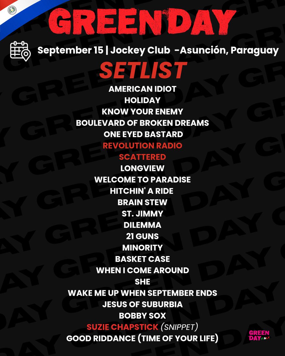 GreenDayItaly_'s tweet image. Here's the setlist from the Green Day show in Paraguay. That was the last show of the South American tour, and the love the fans showed every single night was incredible.
