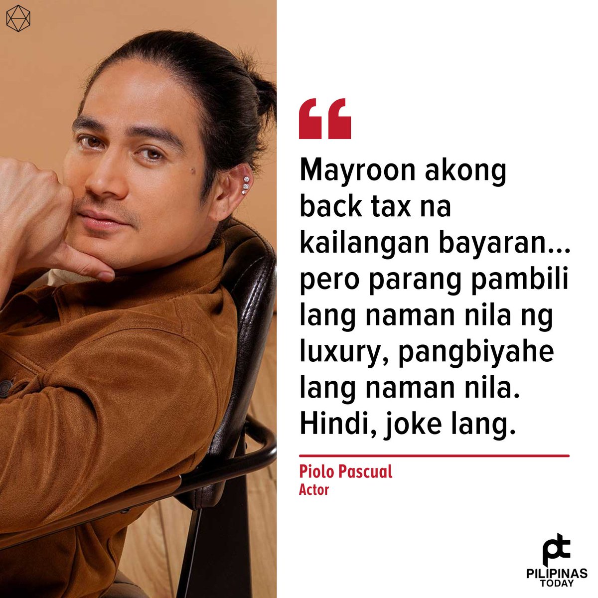 PilipinasToday_'s tweet photo. Aminado ang aktor na si Piolo Pascual, na isa sa mga top taxpayers ng bansa, na dismayado siya na makitang napupunta lamang sa mga luho ng ilang indibidwal ang kanyang pinaghirapang pera na ipinambayad niya ng buwis.
โSana magkaroon ng konsensya โyung mga taong involved kasi nakakahiya, nakakahiya talaga. Saan ka ba dadalhin ng pera mo?โ giit pa ng aktor sa isang panayam.
โSana mapanagot talaga โyung dapat managot para naman magkaroon ng konting rest, para naman magkaroon tayo ng confidence sa gobyerno natin at sa bansa natin,โ dagdag pa nito.
#PilipinasToday
#PioloPascual
