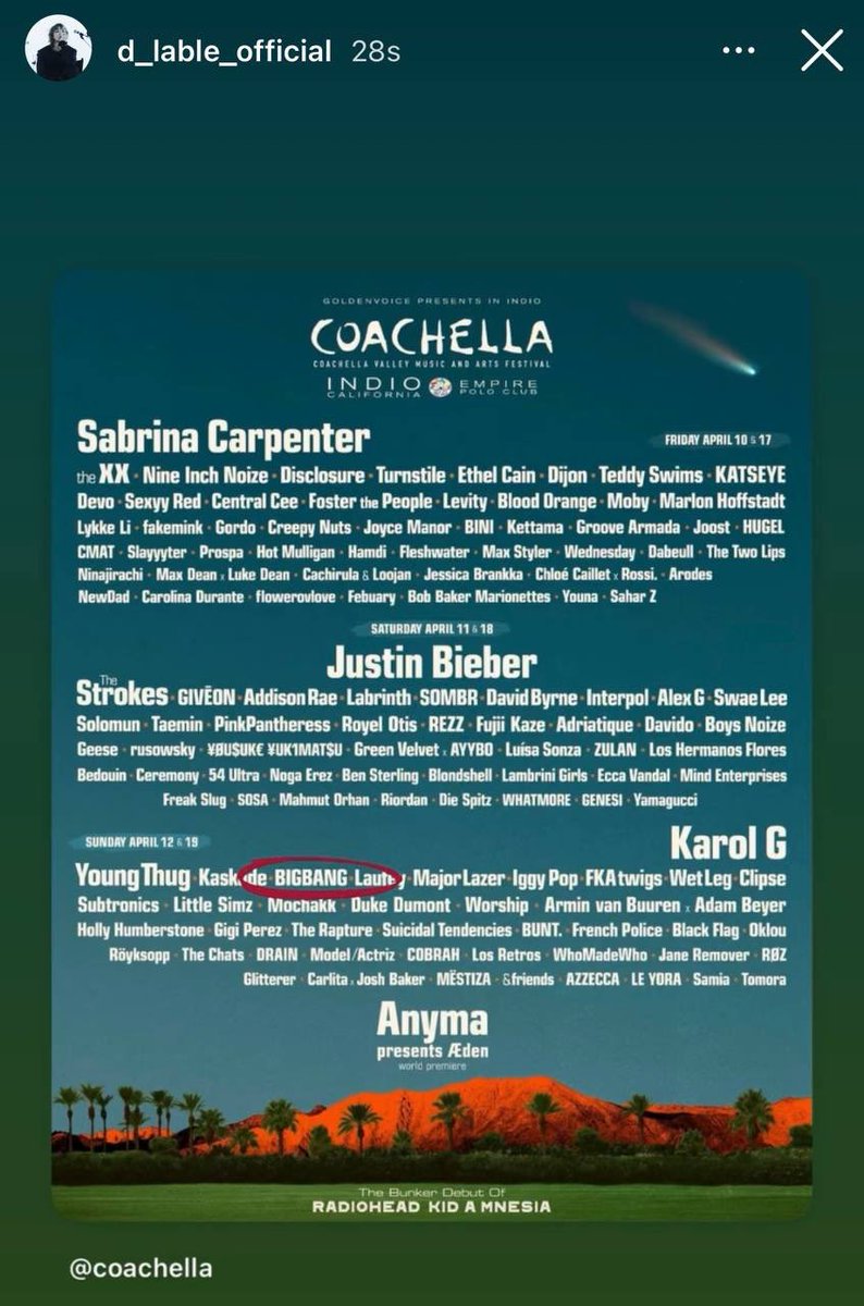 DAESUNG IG story

✅✅ COACHELLA CONFIRMED‼️

📷d_lable_official IG story

#BANGCHELLA #DLITE #DAESUNG #BIGBANG #대성 #빅뱅  <a href="/d_lable/">DAESUNG</a> #GDRAGON #TAEYANG