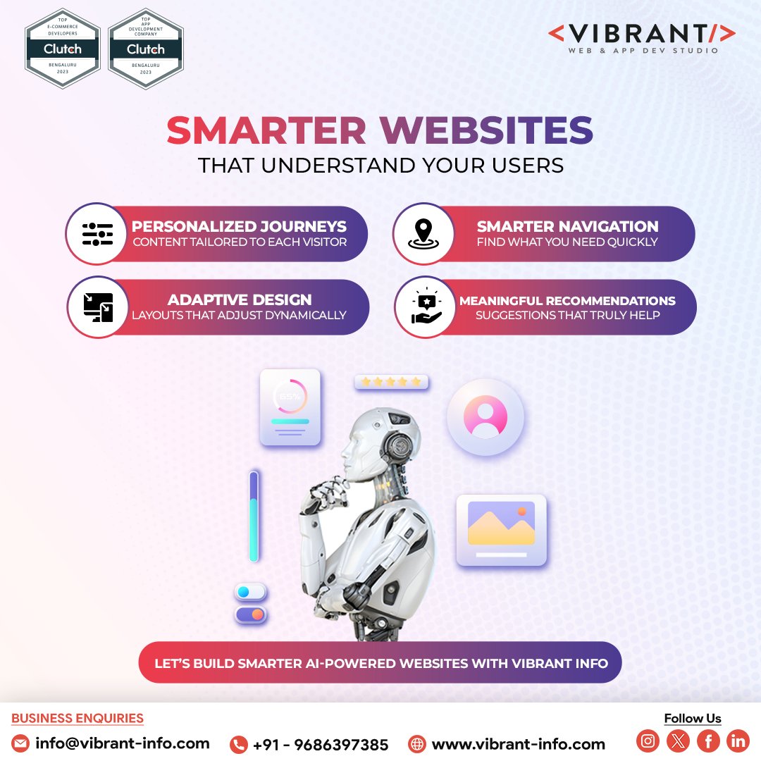 vibrantin's tweet image. Static websites are history. With AI, the web becomes smarter, personal &amp;amp; human. 💡✨

Vibrant Info designs adaptive websites with navigation that feels natural &amp;amp; UX that truly connects.

#AI #SmartUX #WebDevelopment #VibrantInfo