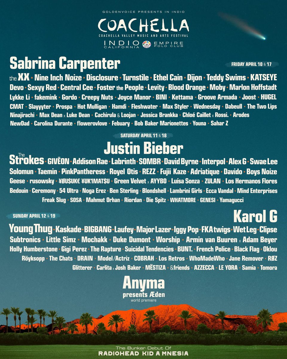 The line up!! Your thoughts on this incredible lineup?

“Hard launch. Passes on sale Friday, September 19 at 11am PT. Register now for access at coachella.com/#register”