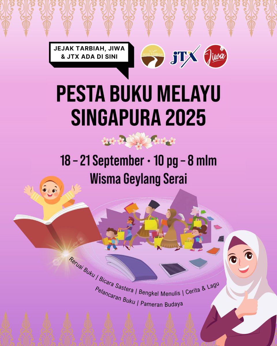 🚨 Singapura, kami datang! 🇸🇬✨
Jejak Tarbiah, Jiwa &amp; JTX bakal ada di Pesta Buku Melayu Singapura 2025.

📍 Wisma Geylang Serai
📅 18 – 21 Sept | 10 pg – 8 mlm

Jangan lepaskan peluang!
😊 Mari singgah &amp; borak dengan kami #PestaBukuMelayuSingapura2025 #JejakTarbiah #inibukujiwa