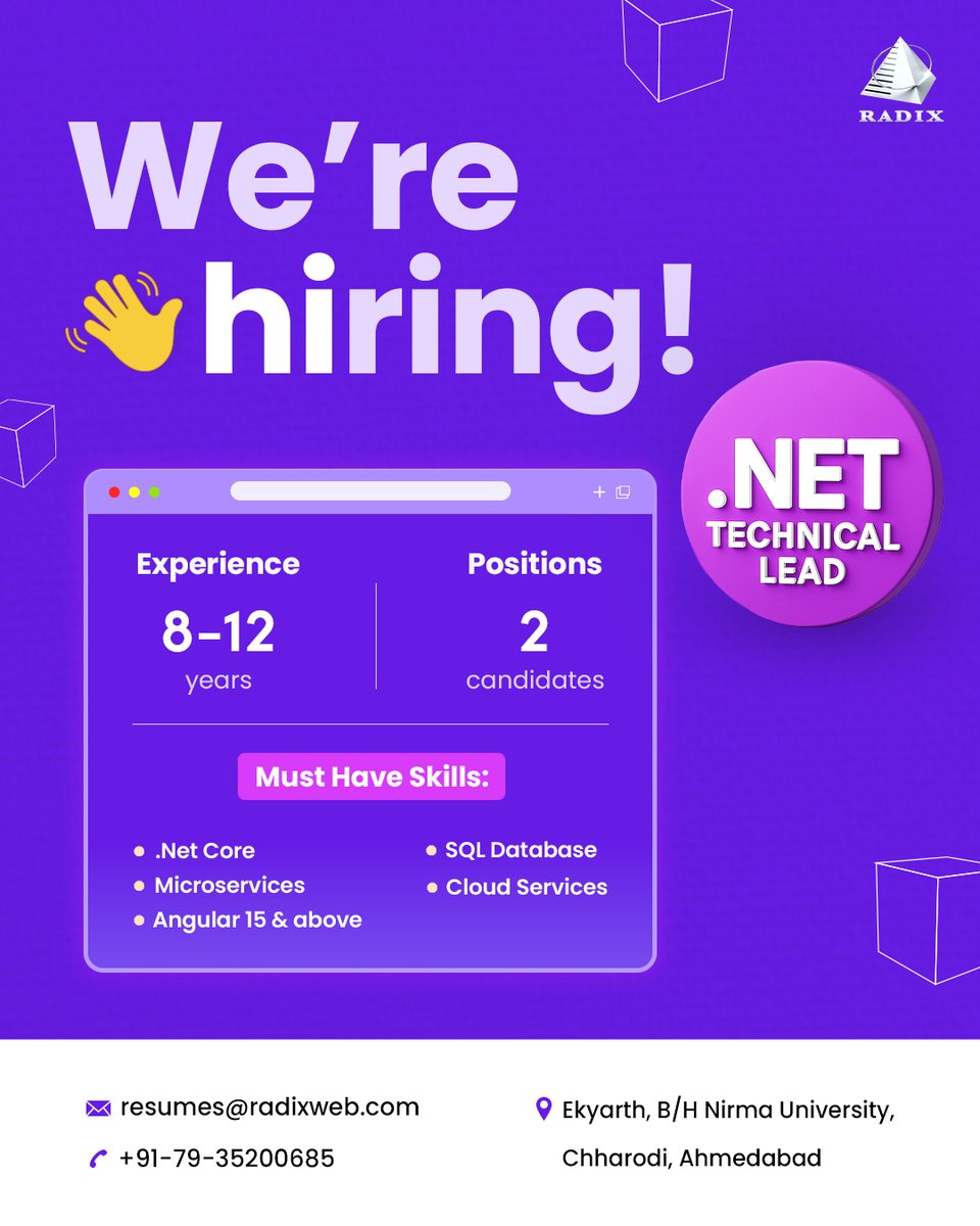 radixweb's tweet image. 🚀 Ready to #code the future with .NET?
#Radixweb is hiring .NET Technical Leads (8–12 yrs) in Ahmedabad.
Only 2 positions open!
Grow your career while shaping tomorrow’s tech.
Apply now 🔗 radixweb.com/careerform?utm…
#DotNetDeveloper #TechCareers #ITJobs #Hiring
