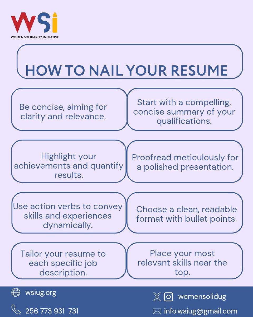 Want to make your résumé stand out?

Check out these tips on how to nail your résumé; from tailoring it to the role, highlighting your wins, to keeping it clear &amp; professional.

 Your next opportunity starts here.

#wsiuganda #wsimentorshipprogram