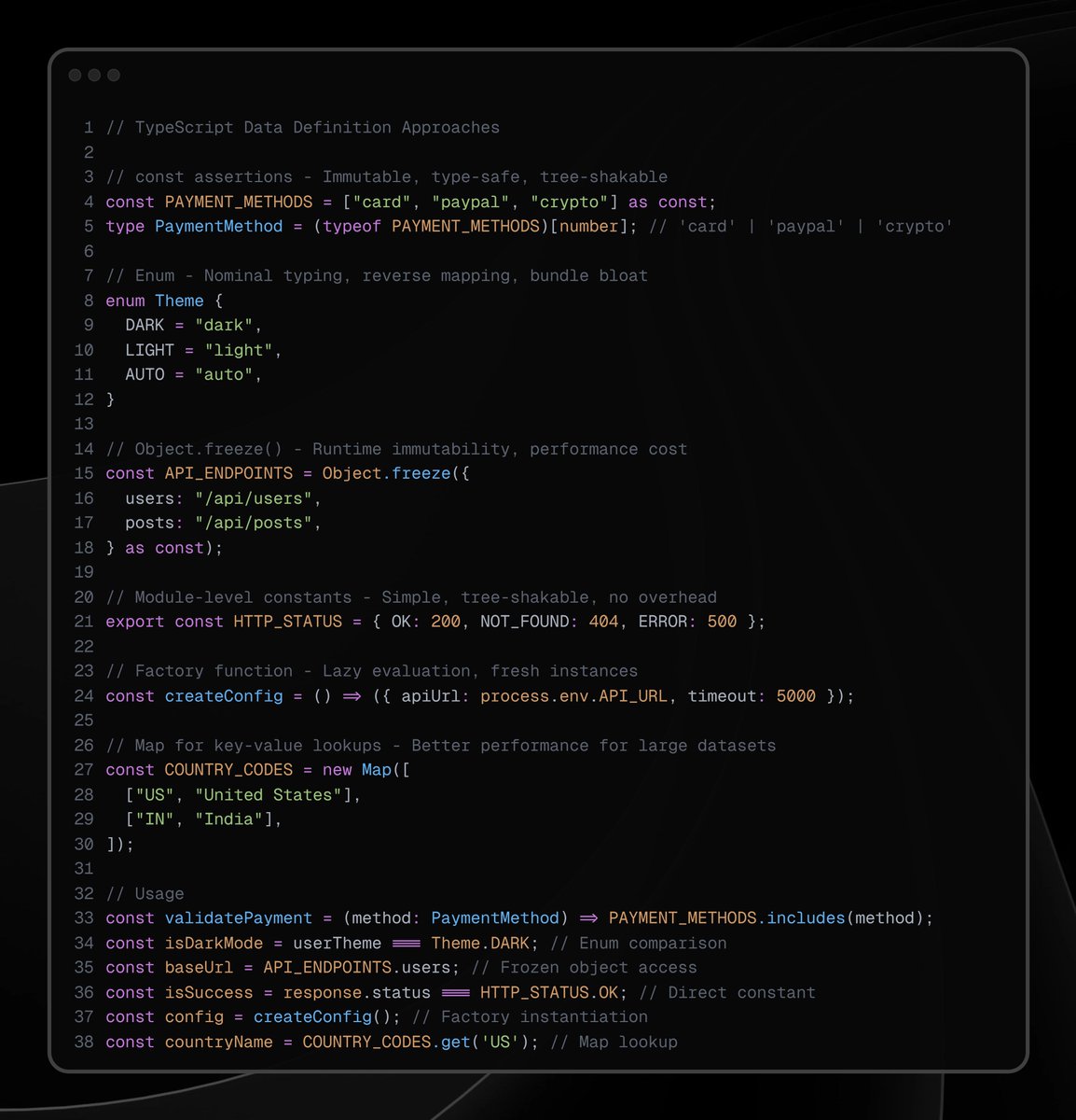 KaraBharat's tweet image. ⚡️TypeScript data definition approaches: 

→ const assertions 
→ enums 
→ Object.freeze() 
→ factory functions 
→ Maps

Which one do you use most? 
See all options in action 👇
#TypeScript #WebDev #JavaScript