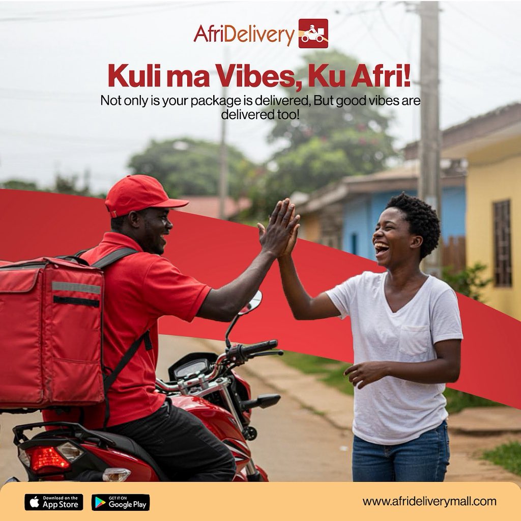 More than just deliveries — we bring the vibes too! ✨📦🚴🏾‍♂️
📲 Download the AfriDelivery app &amp; order now!
#KuAfri #AfriDelivery #GoodVibesDelivered