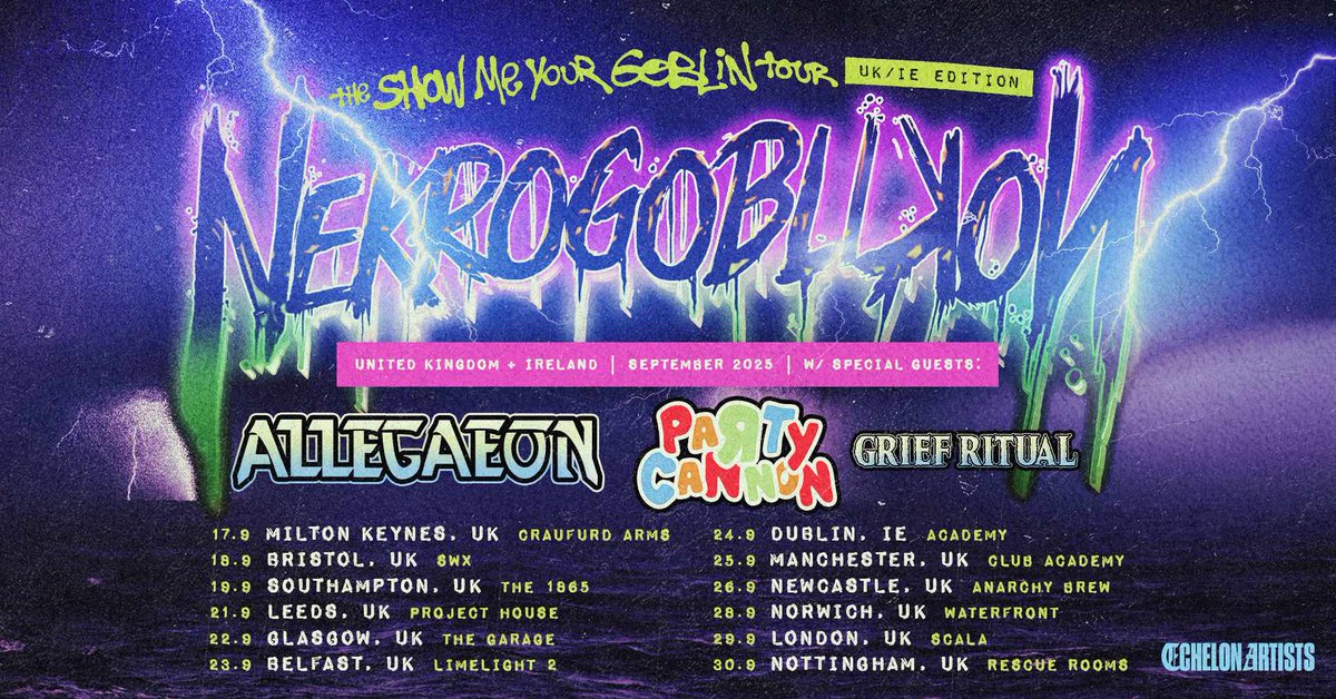 Not one to tweet too much these days (active on IG) but we're on tour throughout the UK and Ireland starting tomorrow through the 30th w/ Nekrogoblikon, Party Canon and Grief Ritual. Don't miss out on this rager of a tour!