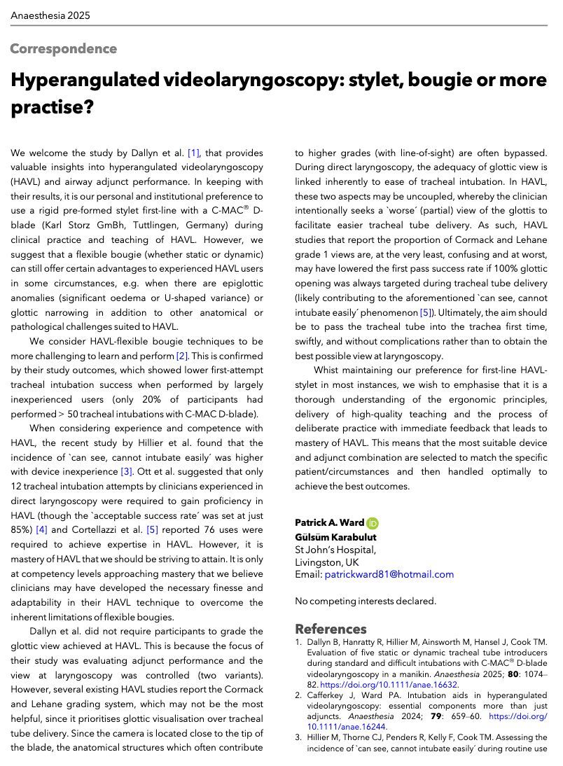 Anaes_Journal's tweet image. How do you master HAVL?

• a thorough understanding of the ergonomic principles
• delivery of high-quality teaching
• the process of deliberate practice with immediate feedback

#anaesthesia #MedTwitter #airway

doi.org/10.1111/anae.1…
