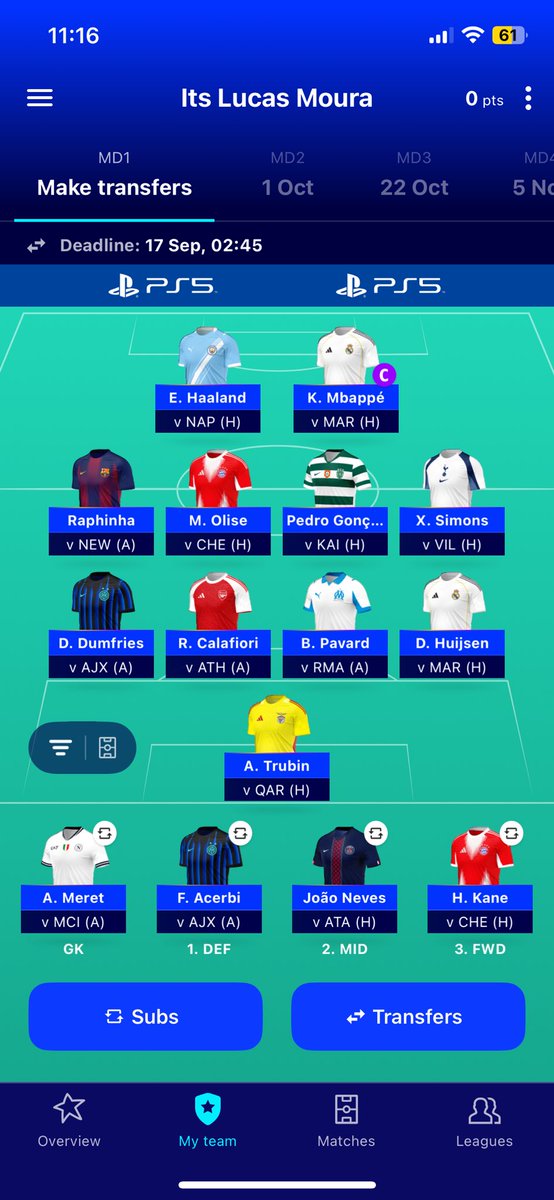 Locked IN 🔒 UCL FANTASY

- Captains = Mbappe
- Limitless looks good in MW7
- Likely Wildcard as and when need to be. 

#UCL #UCLFantasy