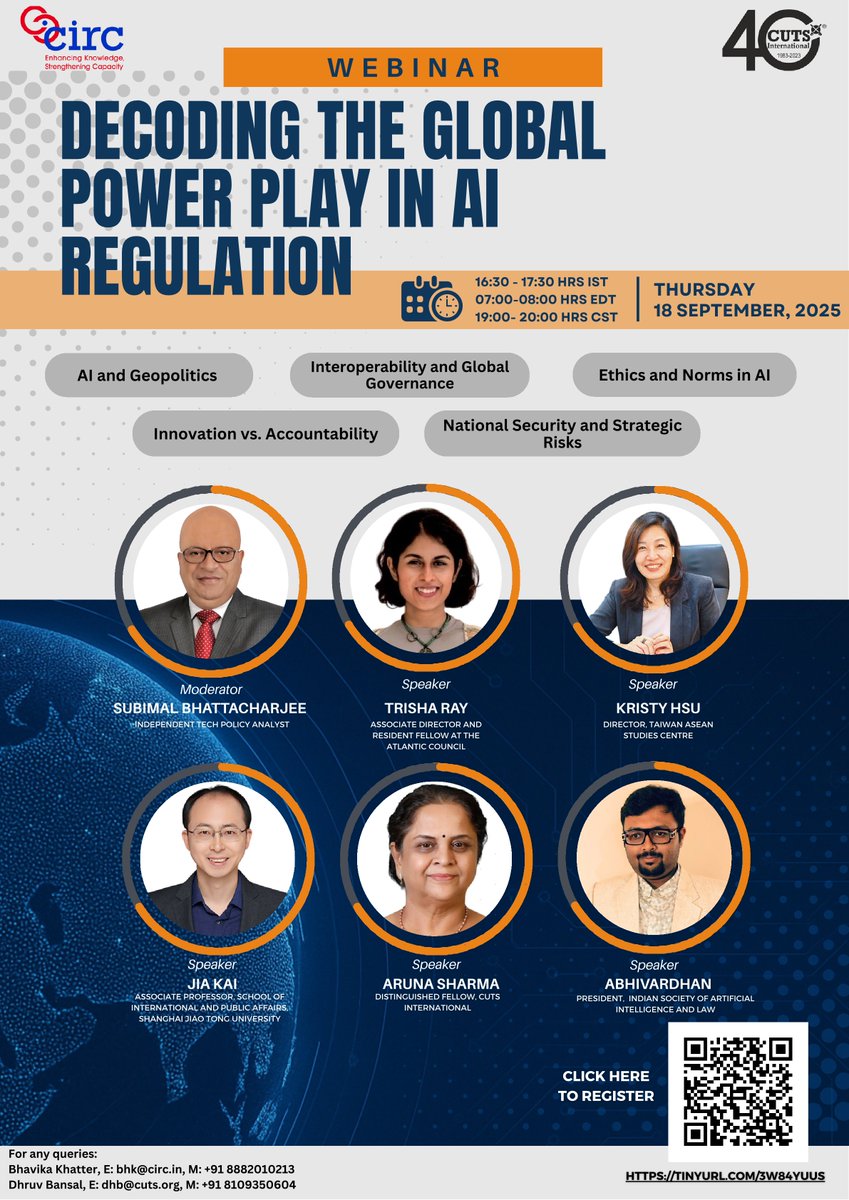 Abhivardhan (@industhink) on Twitter photo Speaking for a fantastic grouping of people at <a href="/CUTSInstitute/">CIRC</a>!
On September 18, 2025, 4.30 PM IST onwards, I will speak alongside Trisha Ray (ex-<a href="/orfonline/">ORF</a>), Kristy Hsu, Subimal Bhattacharjee, Jia Kai and Aruna Sharma on the AI Regulation Geopolitics (or Global Power Play). Speaking for a fantastic grouping of people at <a href="/CUTSInstitute/">CIRC</a>!
On September 18, 2025, 4.30 PM IST onwards, I will speak alongside Trisha Ray (ex-<a href="/orfonline/">ORF</a>), Kristy Hsu, Subimal Bhattacharjee, Jia Kai and Aruna Sharma on the AI Regulation Geopolitics (or Global Power Play).