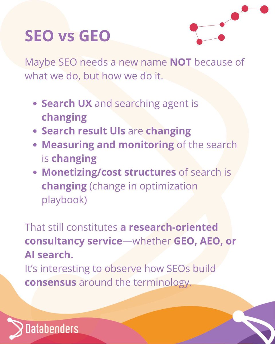 DatabendersAI's tweet photo. Maybe SEO needs a new name NOT because of what we do, but how we do it. 

Search UX and searching agent is changing
Search result UIs are changing 
Measuring and monitoring of the search is changing 
Monetizing/cost structures of search is changing (change in opt playbook)
... https://t.co/AZ9YSdVsqo