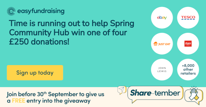 SpringCommHub's tweet image. ⏰ Time is running out! Sign up to easyfundraising before 30th Sept to support Spring Community Hub every time you shop online and we’ll be entered into a £250 draw! Don’t miss out 💚
join.easyfundraising.org.uk/spring-communi…