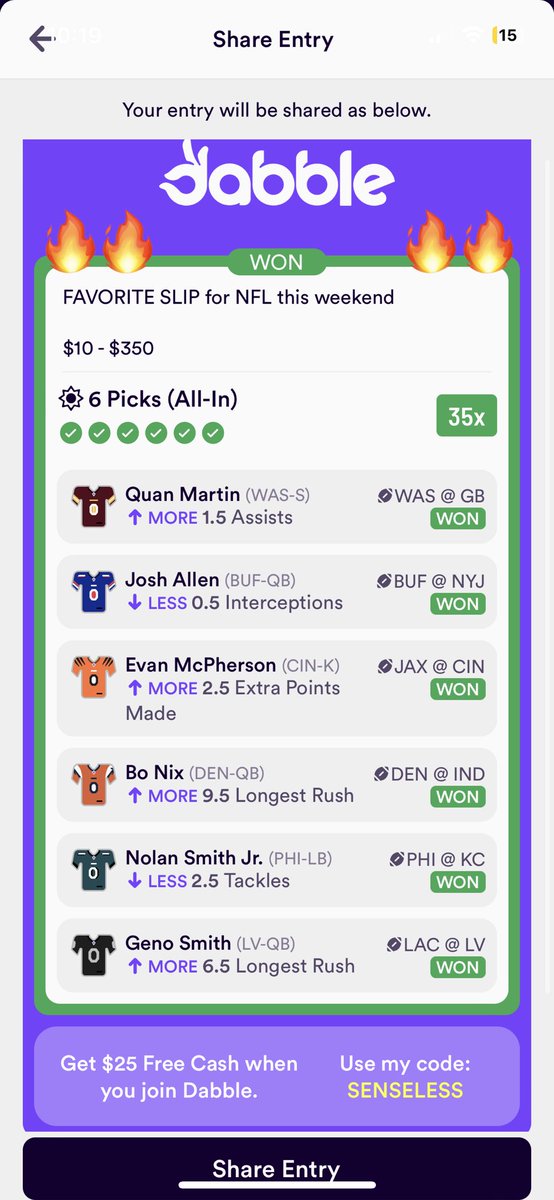 uhsenseless's tweet photo. #NFL #parlay I locked in on #dabblefantasy cooked this up 6 days ago!! Who’s ready for the next early cook up posted on insta and Discord 🤝🏽😤🏆🆓 

#prizepicks #sleeper #underdog #boomfantasy #fliff #mlb #nfl #nba #kbo #pga #tt #handball #tennis #nhl #cfb #cfl #esports #r6 https://t.co/IEZAjzODhF