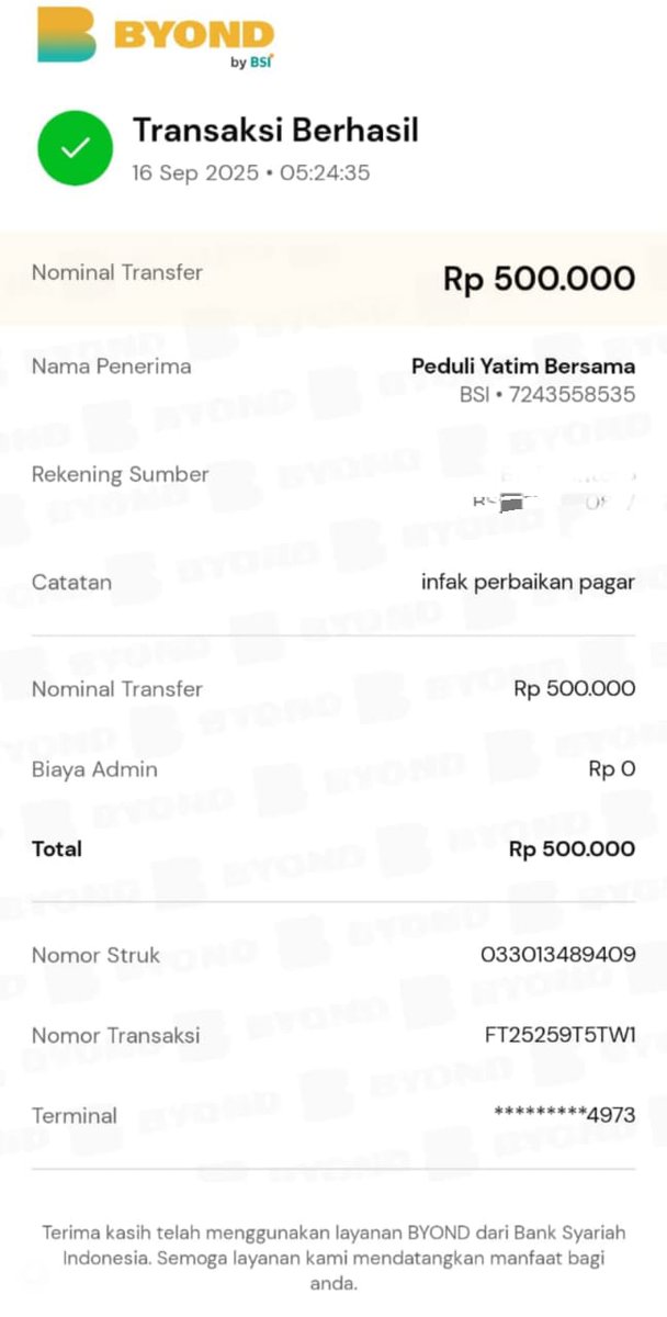 Alhamdulilah dana yang sudah terkumpul 800 rb kurang 2.2 jt lagi untuk perbaikan pagar di belakang asrama adik-adik 🤲🏻
Yuk teman-teman ikut ambil andil juga, bisa melalui Rekening tersebut yah 🙏🏻😊👇🏻

BSI : 7243558535
An. Peduli Yatim Bersama

<a href="/PeduliYatimBrsm/">Peduli Yatim Bersama</a>
<a href="/HadaitFiman/">Ust Fiman Hadait Munthe🛜</a>
