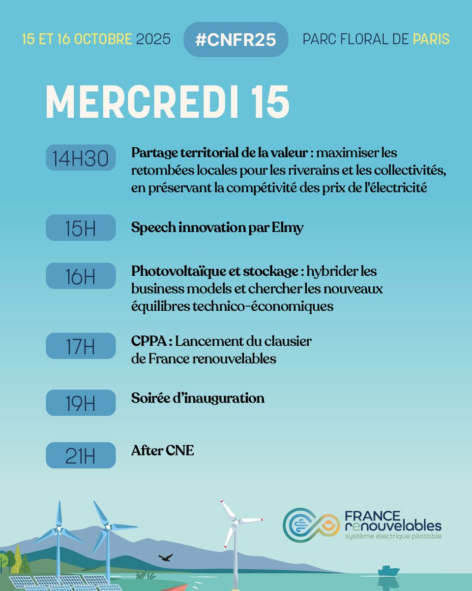 f_renouvelables's tweet image. [#CNFR25] J-1 mois avant le rendez-vous incontournable des professionnels des énergies #renouvelables électriques 🍃🌊☀️

📆 Rendez-vous les 15 &amp;amp; 16 octobre prochain au Parc Floral de Paris pour la 15ème édition du Colloque National de France Renouvelables ! #CNFR

Comme chaque