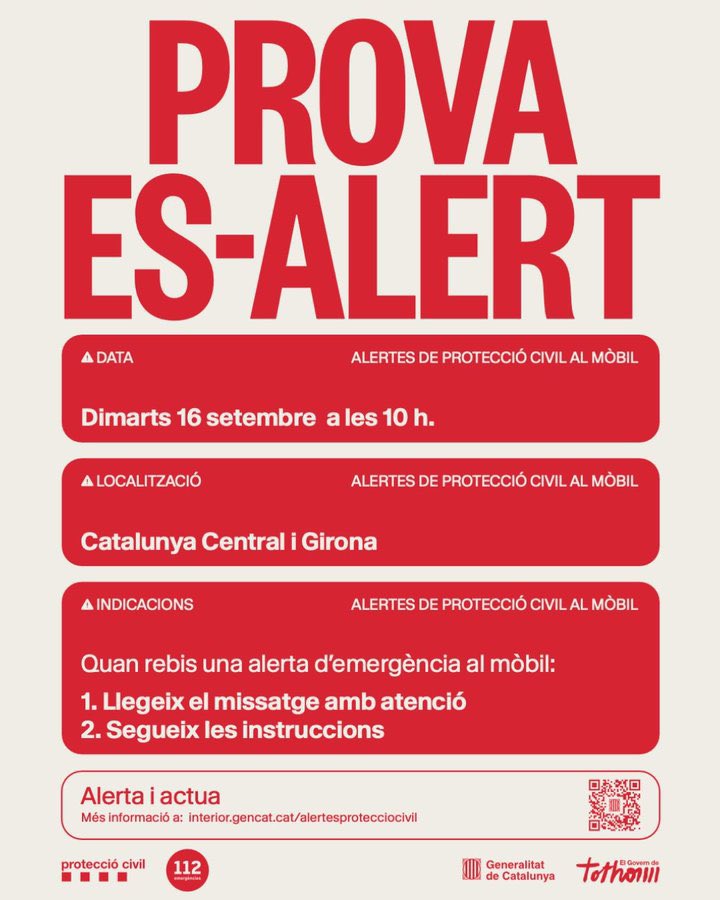 Aj_Ripoll's tweet photo. 📢📱 Prova d’alerta de Protecció Civil:

🚨Avui, dimarts 16 de setembre a les 10 h, Protecció Civil farà una prova del sistema d’alertes als telèfons mòbils a les vegueries de Girona i Catalunya Central.

🔗 Enquesta, un cop s’hagi rebut: https://t.co/zzL5ep3U0V

#Ripoll https://t.co/gadjCD974H