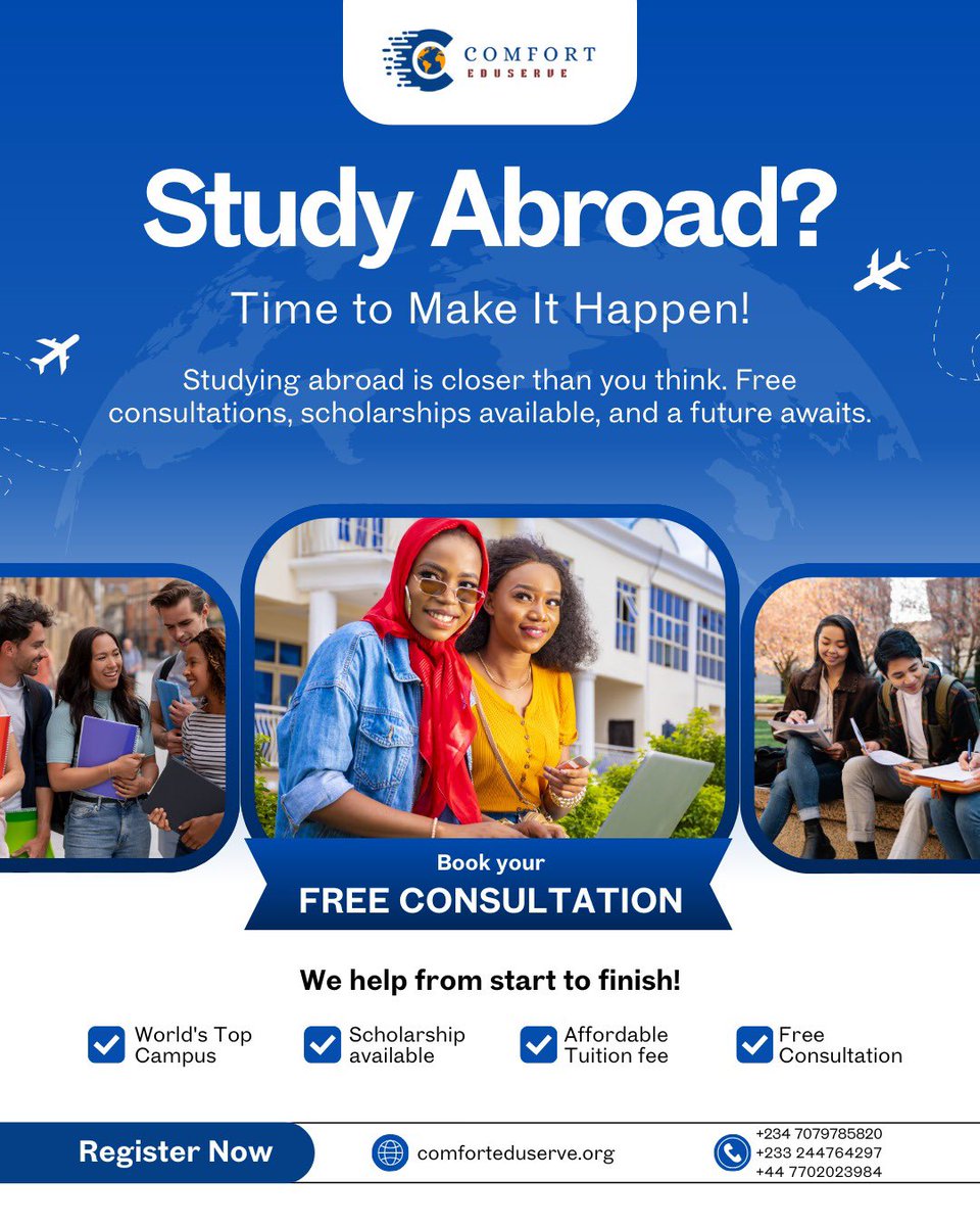 Comfortedultd's tweet photo. 🌍✨ Study Abroad? Time to Make It Happen!
Your dream campus is closer than you think. 🎓
✅ Free Consultation
✅ Scholarships Available
✅ Affordable Tuition Fees

📩 Book your FREE consultation today with Comfort Eduserve. https://t.co/mUxuEif7sp