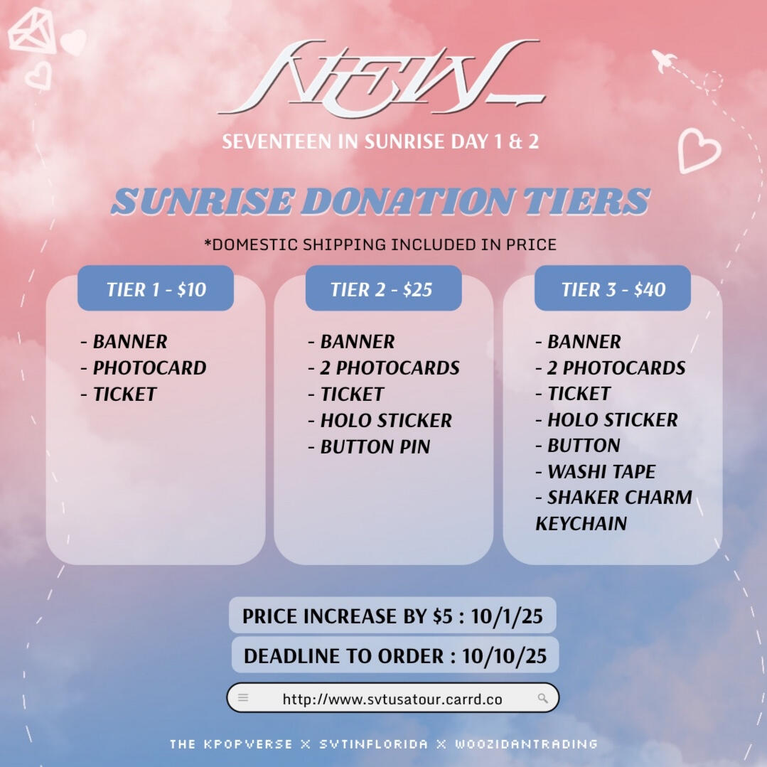 usagaincarats's tweet photo. Introducing the Sunrise Day 1 Banner!
"CARATs will stay with SEVENTEEN 
with unchanging hearts forever"
[modified from "Shohikigen (Expiration Date)"]

Donate to the banner project! They are currently 55% fulfilled!

@TheKpopverse @svtinflorida @woozidantrading https://t.co/r7eXqYut6e