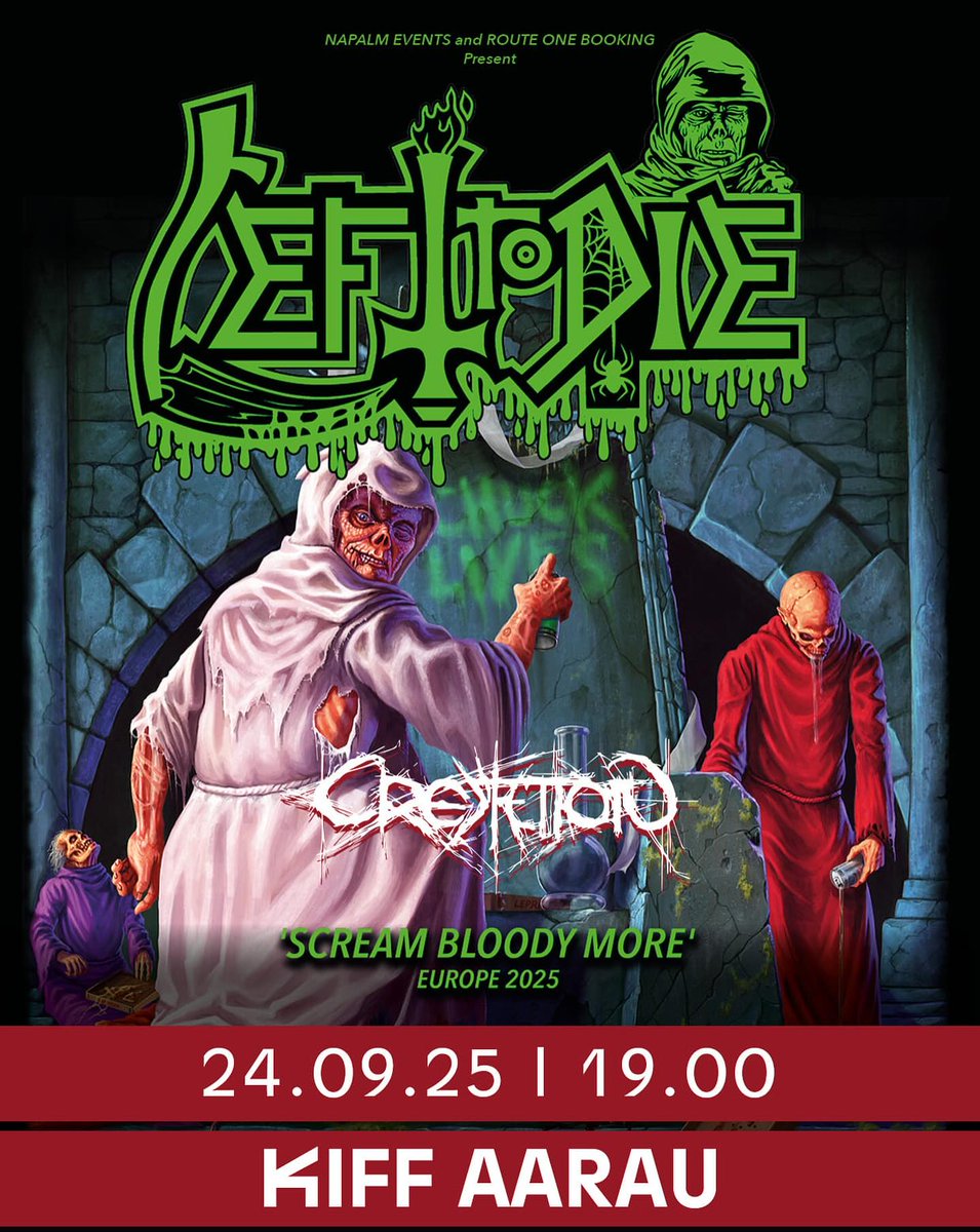 MetalFactoryCH's tweet image. Death Metal Pioniere, jetzt mit Walliser Vorband im KIFF Aarau!
#Lefttodie #cremation #deathmetal #kiffaarau