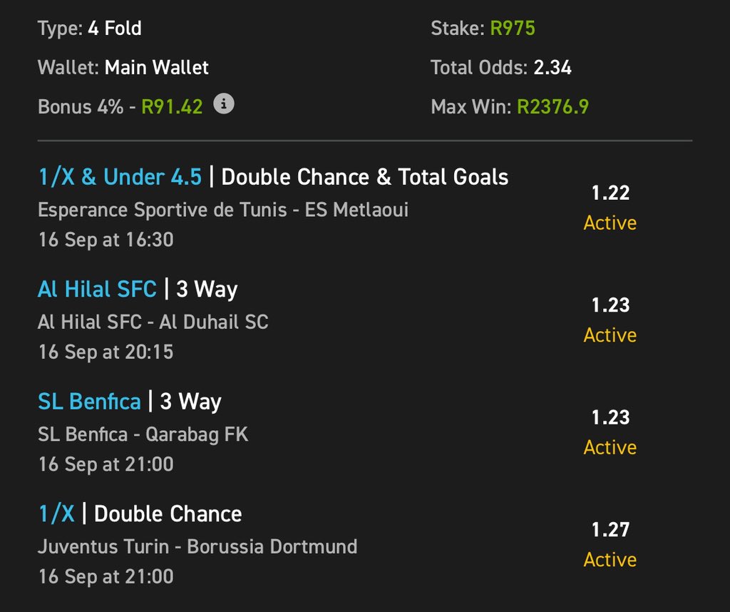DOUBLE IT 🤑🤑🤑
Win Or Lose — If You Copy This Bet, You’re Guaranteed A Bonus On Saturday.
Just Follow These 2 EASY Steps:
1️⃣ Copy My Bet: easybet.co.za/sports?bookedB…
Booking Code: 428171
2️⃣ Place Your Bet Of R5 Or More.
🎁 The More You Bet, The Bigger Your Bonus!
🆕 New To Easybet?